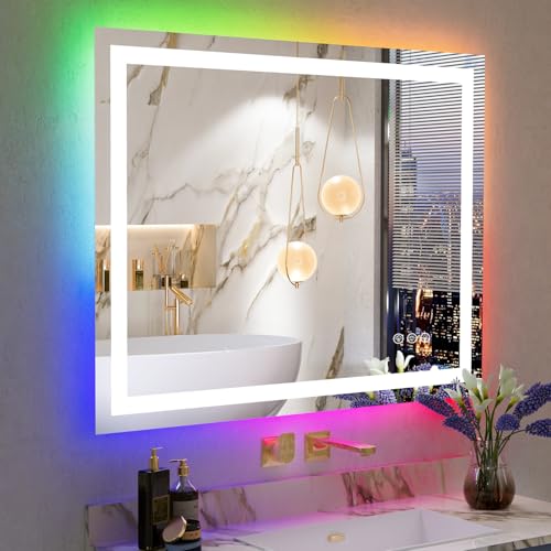 Image of 48x38 Inch RGB LED Bathroom Mirror Front Light and RGB Backlit Lighted Vanity Mirror for Bathroom Wall Mounted Dimmable Anti Fog Memory Shatter-Proof IP54 Waterproof Horizontal /Vertical