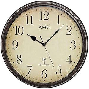 AMS 5962 Wandklok, radiogestuurde klok, vintage klok, metalen behuizing in antieke houtlook, decoratieve klok