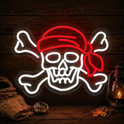 Image of Pirate Neon Sign, USB Powered LED Light for Room Decor 16.7x12.4 inches | Pirate Wall Decor for Bedroom, Game Room, Halloween Party, Bar, Theme Events and Fans Gift