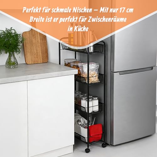 Relaxdays Rollwagen, 4 Ebenen, Metall, HxBxT: 97,5 x 44 x 17 cm, 4 Rollen, Küche, Bad, Nischen Beistellwagen, schwarz