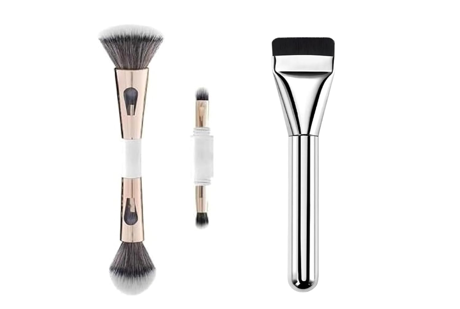 4-in-1 Makeup Brush Set with Flat Foundation Brush, Double-Ended Design, Powder Brush, Eye Shadow Blending Brush, Ultra-Soft Bristles, Rose Gold and Silver Finish-image-40