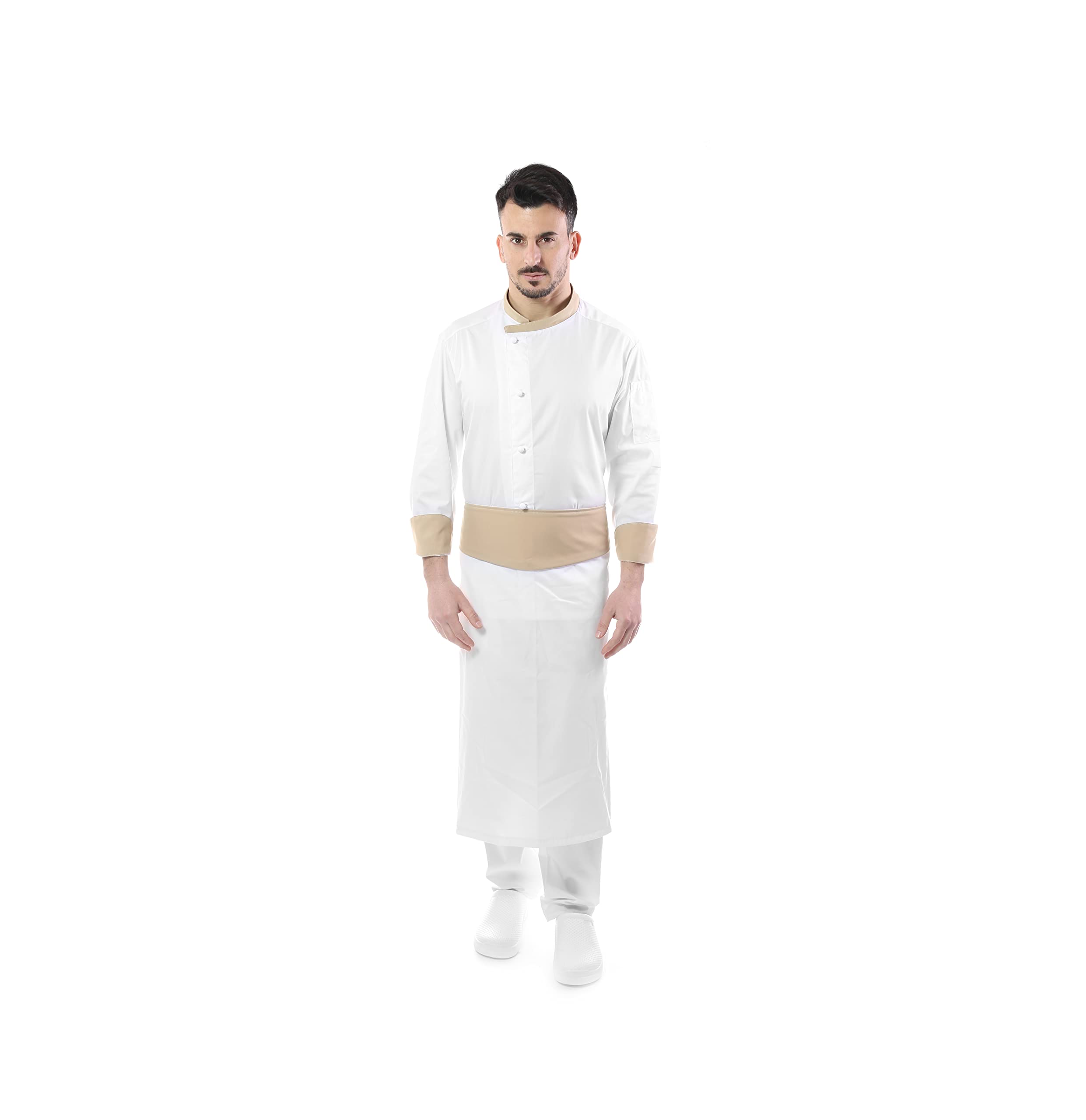 Bordado Gratuito Completo Cocinero Hombre Uniforme Chef Camas Blanco y Beige Personalizable Chaqueta, Pantalones y Delantal Uniforme para Cocina y Restaurante Made in Italy,