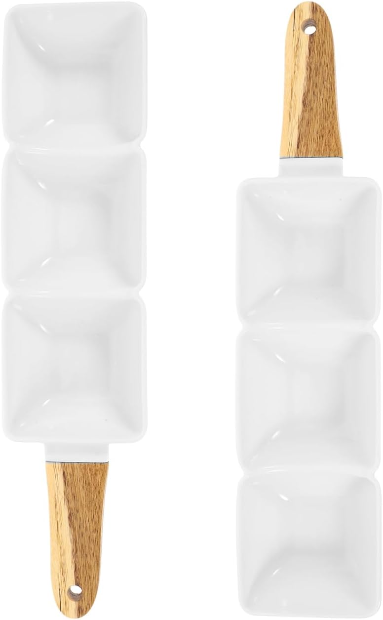 STOBAZA 2pcs Three-compartment Ceramic Serving Bowl with Handle for Dipping Sauces Snacks and Salad for Home Parties and Restaurants