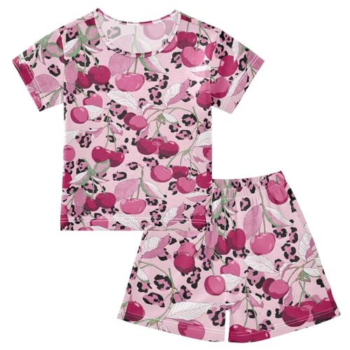 Pajama Sets Leopard Cherry Short Sleeve Summer Sleepwear 2 Piece Pjs