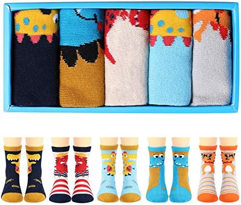 5 PACK Boys Dinosaur Socks, Cartoon Dino Pattern Cotton Crew Socks for Baby Toddler Little Kids, 3-8 Year Old Gift Set for Christmas