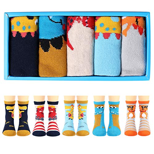 5 Pack Boys Dinosaur Socks, Cartoon Dino Pattern Cotton Crew Socks For Baby Toddler Little Kids, 3-8 Year Old Gift Set For Christmas #TOP3