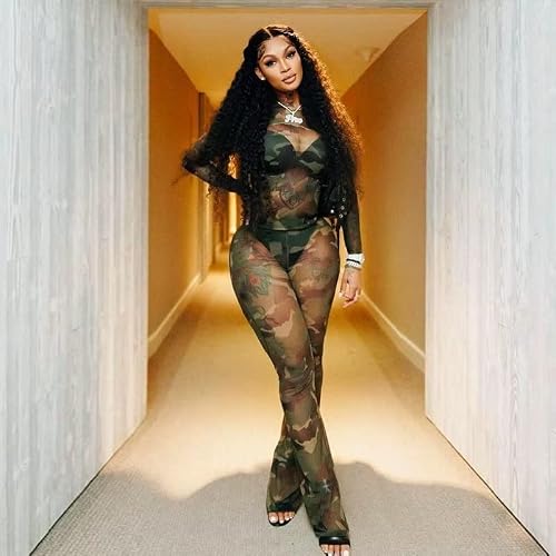 Women Sexy 2 Piece Jumpsuit Geometric Printed Long Sleeve Sheer Tops And Mesh Flare Pants Club Tracksuits Romper Army L #TOP1