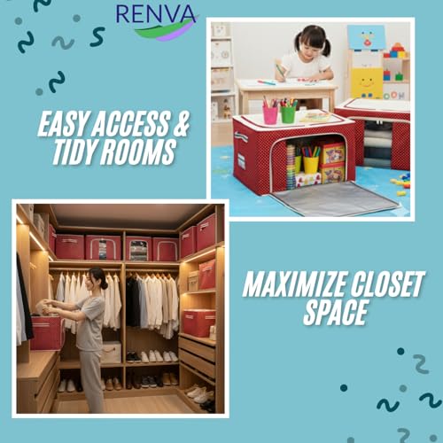 Image of RENVA 6 PCS polycotton Clothes Storage Organizer Bins, Foldable Storage Bins-Cloth Steel Frame Storage Box with Foldable Clear Window & Reinforced Handles (Red, 66L-6)