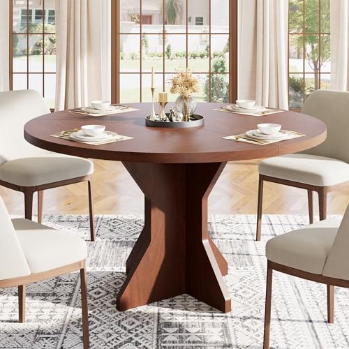 Garvee Round Dining Table for 4-6 People - 47" Circle Kitchen Dinner Table with Sturdy Pedestal Base, Small Spaces Dinning Room Furniture for Living Room, Kitchen, Apartment, Walnut Walnut K