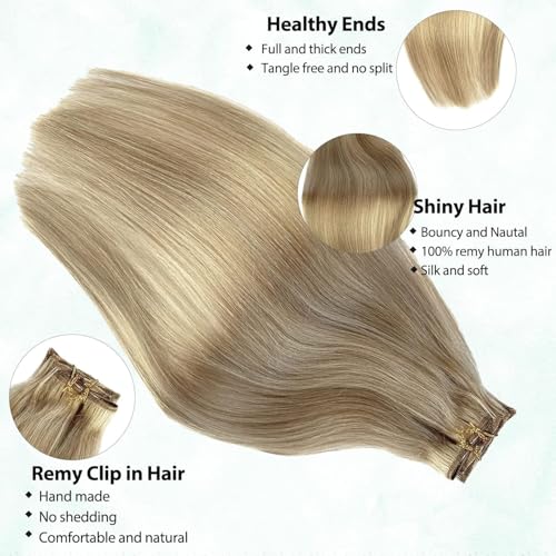Image of Human Hair Extensions 20Inch Balayage Clip in Hair Extensions Real Human Hair Blonde Highlighted Hair Extensions Clip ins Extensions 7pcs 70G