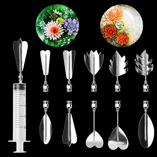 LOHOME 3D Gelatin Art Tools - Set of 10-pieces Jelly Cake Stainless Steel Needles Coming with One 10ml Syringe - Pudding Pastry Nozzles (Flower Shape 8)