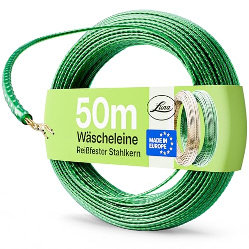 Luna Wäscheleine 50m - Wäscheleine extra stark mit Stahleinlage - Dehnungsfrei & Witterungsbeständig - Inklusive Spanner - Grüne Kunststoff-Ummantelung - Ideal für Garten & Camping - Made in EU