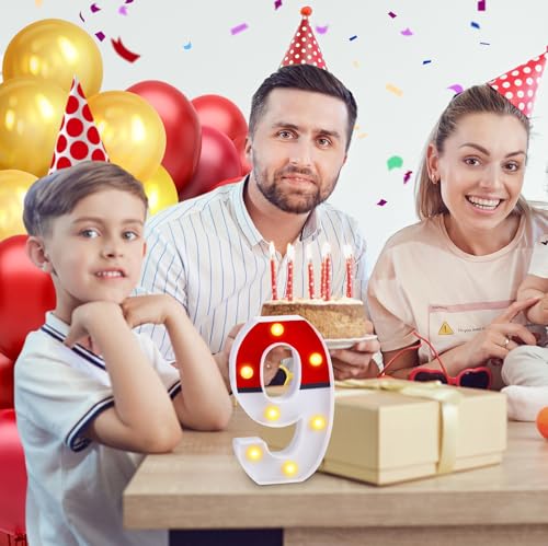 LED Number Lights Cartoon Themed Birthday Decorations LED Light Up Number Centerpieces Table Decorations for Party Supplies Backdrop Wall Decor for Birthday Party Decorations (Cartoon Red and White, Number 9)