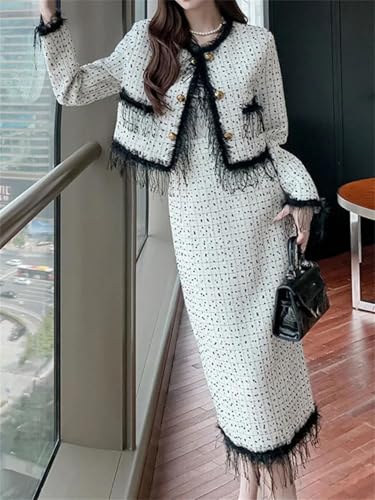 Womens Elegant Office Skirts Tassel Plaid Coats High Waist Hip Long 2 Piece Suit2