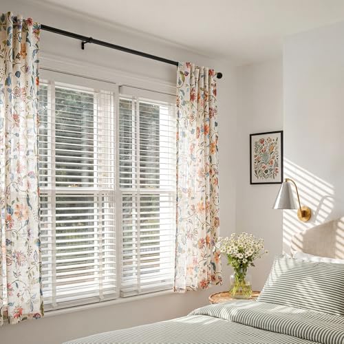 Image of jinchan Beige Floral Linen Curtains 63 Inch Farmhouse Back Tab 2 Panels