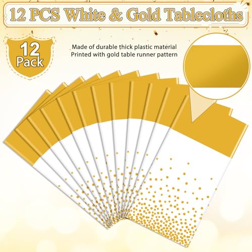 Image of 12Pcs White and Gold Tablecloth Party Decorations,Plastic White Table Cloth Printed Gold Table Runner Disposable Rectangle Tables Cover for Birthday Wedding Anniversary Graduation Party,54 x108 Inch