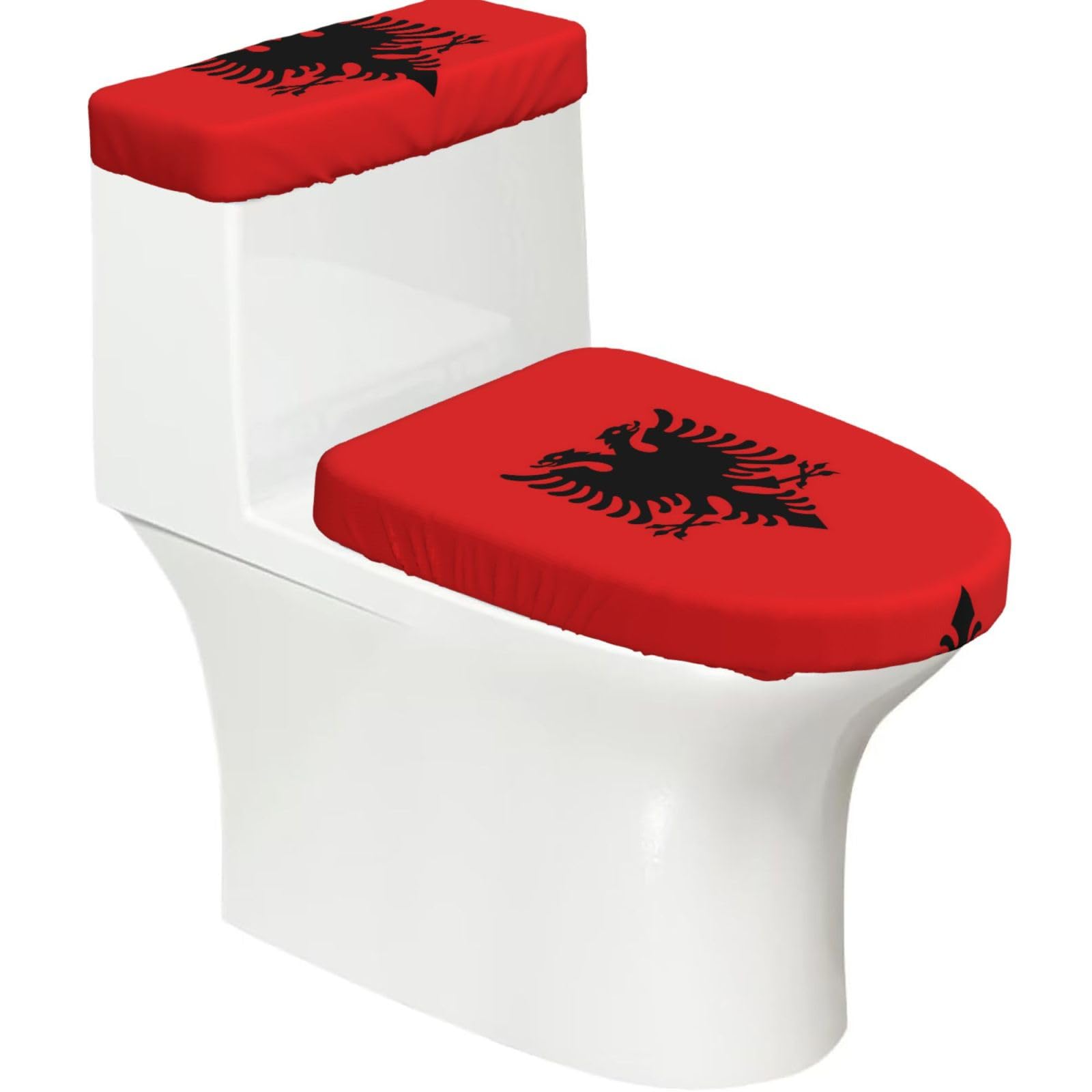 Wzycwb Black Albanian Flag 2-Piece Toilet Seat Cover Set With Tank Lid, Elastic Fit For U-Shape & Elongated Toilets, Bathroom Decor, Housewarming Gift