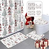 MEHOFOND 4pcs Christmas Shower Curtain Sets Xmas Tree Shower Curtain Sets Christmas Bathroom Sets with Shower Curtain and Rugs Toilet Lid Cover and U Shape Mat Washable 72'x72'