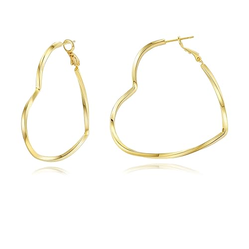 GLOQUAT Trendy CZ Gold Hoop Earrings for Women, Lightweight Chunky Silver Earrings for Women 14K Real Gold Plated Hoops Earrings Hypoallergenic Earrings Jewelry - 07 Gold Heart Hoops 50mm