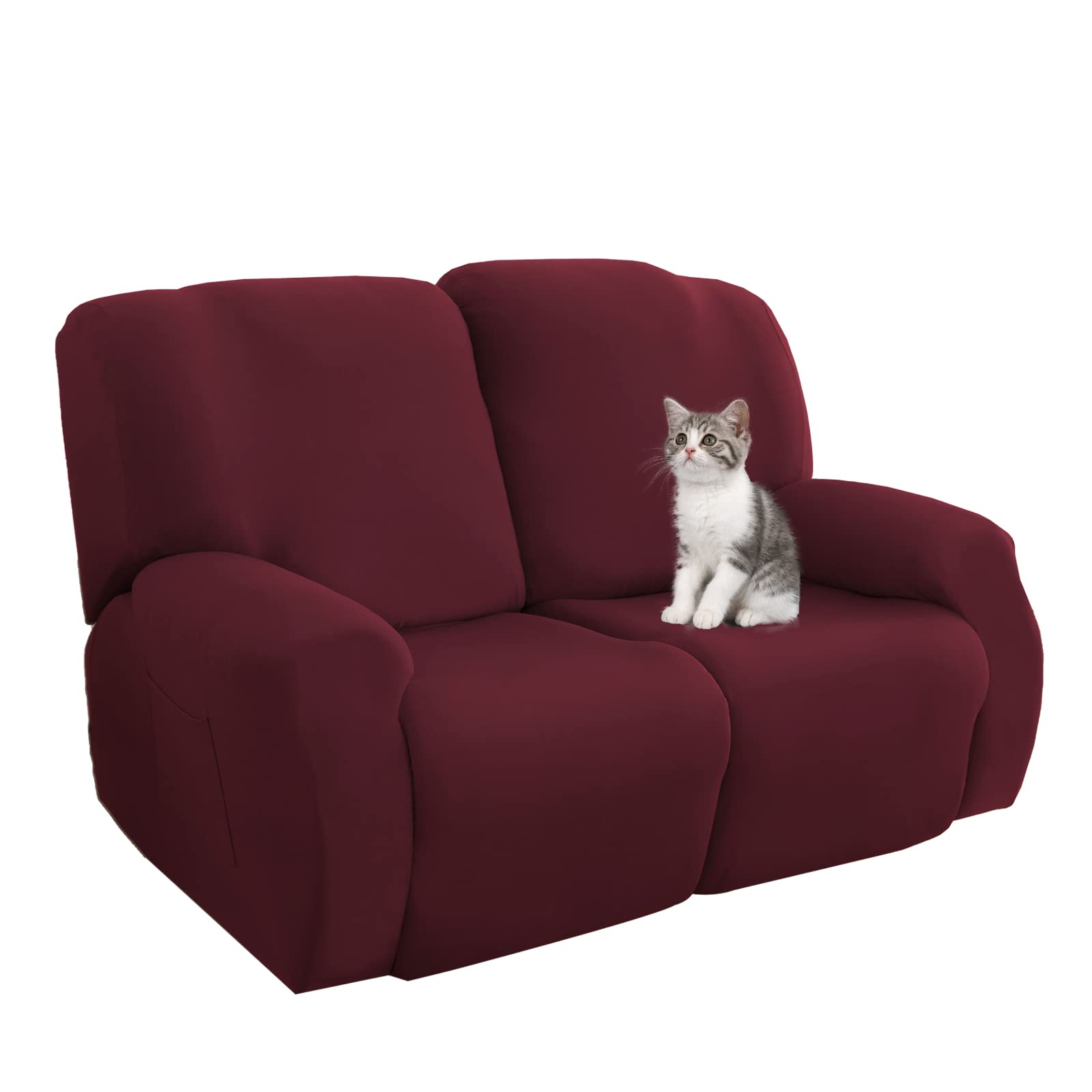 Jaotto Copridivano Relax 2 Posti Reclinabile, Fodere Copripoltrona 1 Posto Relax Universale con Tasche, 6-Pezzi Copridivano Fantasia Lavabile, Coperture per Divano da Massaggio,Vino Rosso