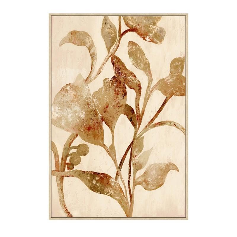 Tableau sur toile beige et marron 60x90 cm avec cadre en bois feuillage