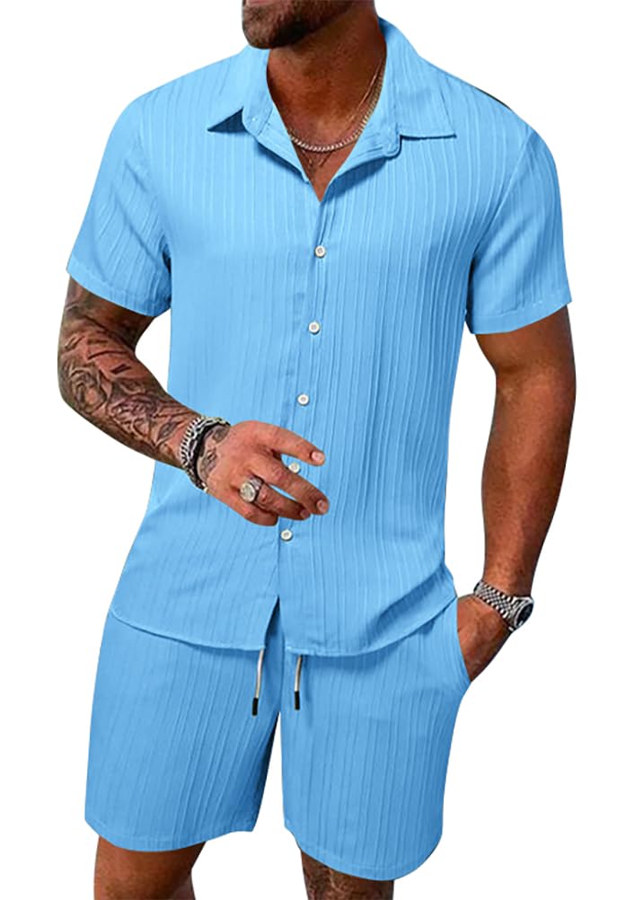 Ensemble Homme Ete Leger Chemise et Short Costume Décontracté 2 Pièces Detente Confort Maison Tenue de Plage Outfit Vetement Sport Jogging Survetement