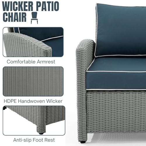Image of DEVOKO 4 Pcs Patio Wicker Furniture 4 Seater Set Center Table Silver Rattan Chairs And Navy Blue Cushions Outdoor Furniture For Backyard,Garden,Blacony