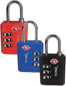 Kit 3 Cadeados TSA com Segredo Numérico Modelo 30PL Preto, Azul, Vermelho para Mala e Bagagem de Viagem
