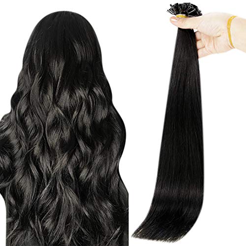 Fshine Keratin U Tip Fusion Hair Extensions 20 Inch Keratin Glue Prebonded Human Hair Color 1 Jet Black Hair Extensions U Tip 1 Gram per Strand 50 Grams Per Package Extensiones