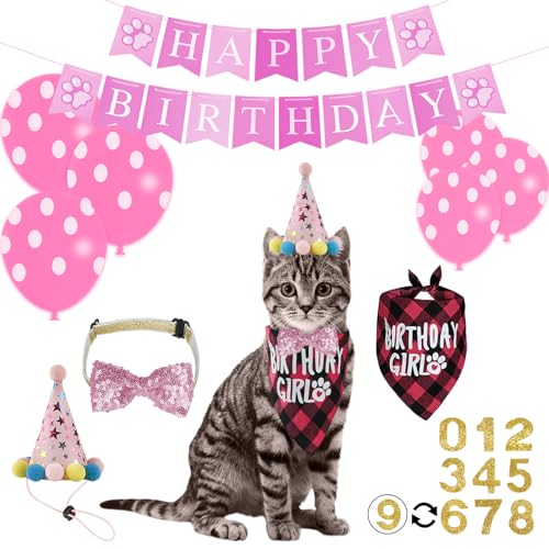 24 piezas de suministros para fiesta de cumpleaños de gato, bandana de cumpleaños con sombrero de número de cumpleaños, pancarta, pajarita, globos para decoraciones de cumpleaños de gatos y gatitos