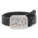 XZQTIVE Women Men Western Belt Vintage Country Belts For Cowgirl Cowboys Genuine Leather Belt with Silver Diamond Buckle