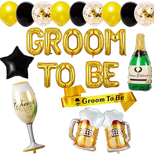 Image of Party Propz Groom to Be Decoration Set Combo - 16Pcs Set Groom to Be Balloon, Champagne & Cheers Foil, Metallic Balloons and Yellow Sash for Bachelorette Party Decorations