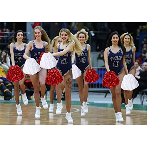 cssopenss 6 Pcs red Pom Poms Cheerleading Metal Foil red Pom Poms with Plastic Handles red White Pom Poms for Cheering in Sports Meet Competition Fields and Other Festive Occasions, 30 Grams