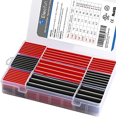 Waterproof Heat Shrink Tubing Kit 365 pcs, ELECFUN 3:1 Dual Wall Tube - Adhesive Lined Heat Shrink Tubing Marine and Industrial Heat-Shrink Tubing Black/Red, 7 Sizes
