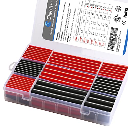 Waterproof Heat Shrink Tubing Kit 365 pcs, ELECFUN 3:1 Dual Wall Tube - Adhesive Lined Heat Shrink Tubing Marine and Industrial Heat-Shrink Tubing Black/Red, 7 Sizes