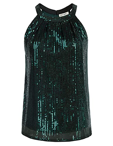 Damen Party Pailletten Bluse Loose Fit Tops Elegant Ärmellose Neckholder Oberteile Dunkelgrün S CL1792A22-05