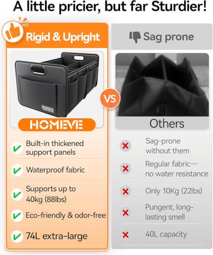 Image of Homeve Car Trunk Organizer for SUV, 18.5Gal Large Capacity No-Sag Heavy Duty, Foldable Waterproof Anti-Slip Storage with 12 Pockets, Fit Sedan, Truck, Universal Car Accessories, Black 2Pack, Large