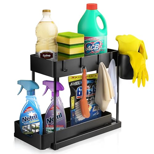 ECOPLUS Organizer Sottolavello Salvaspazio Sottolavabo, Organizzatore Cucina e Bagno, Scaffale Sottolavello Nero (40x22x32 cm) con Portaoggetti, Struttura Resistente, Perfetto per Lavandino e Lavello