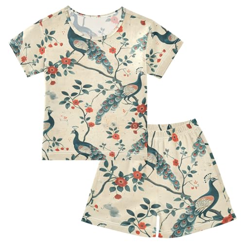 ALAZA Chinese Peacock Bird Pajamas Short Sleeve 2 Piece Sleepwear Top and Bottom Pajama Set Unisex