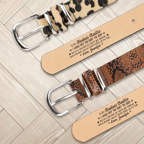 To My Badass Bestie I Would Help You Bury The Body - Funny Personalized Animal Print Leather Belt With Custom Quote And Name, Best Friend Birthday Gift For Women4