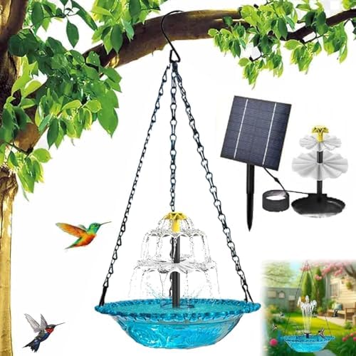 Solar Powered Hanging Bird Bath Fountain, 3-Tier Cascade Solar Water Fountain with Integrated Solar Panel, Upgraded Water Pump for Garden, Patio, Outdoor Bird Decor (Blue, Set A)