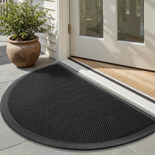 tchdio Half Circle Door Mat Outside Entrance Non Slip 17'x29' Doormat Black