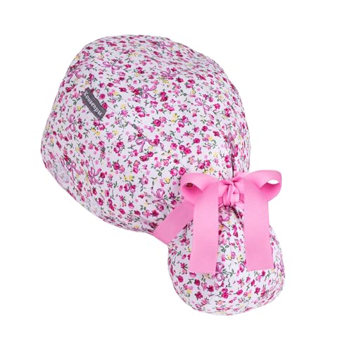 Satin Lined Scrub Cap Women with Ponytail Hole & Buttons,Adjustable Surgical Nurse Hat with Cotton Sweatband for Long Hair (Pink Small Floral)