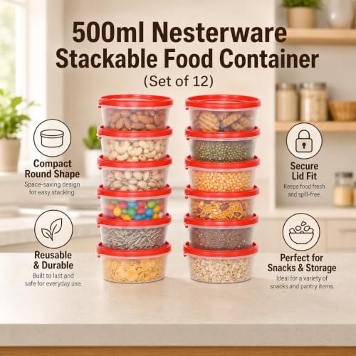 Image of Cutting EDGE Nesterware 500ml Stackable Food Container(Set of 12,Light Red) | BPA-free plastic, stackable design, leak-proof, kitchen storage, pantry, fridge, meal prep, reusable, travel use