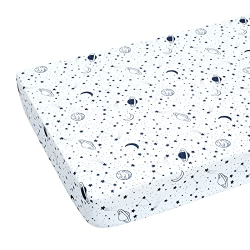 Image of JISEN Baby Crib Sheet 1 Piece Portable Fitted Crib Sheet for Standard Crib and Toddler Mattresses Nursery Bed Decor for Boys Girls 28x52 Inch Stars Planets