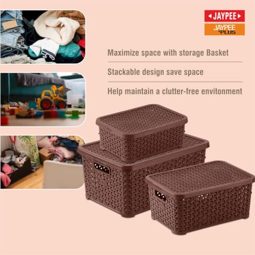 Image of Jaypee Plus Keep all 3 Plastic Storage Basket Organizers With Lid For Kitchen,Fridge, Office Wardrobe, Stationery, Household, Toys & Multipurpose use Pack of 3 Durable Box, Brown
