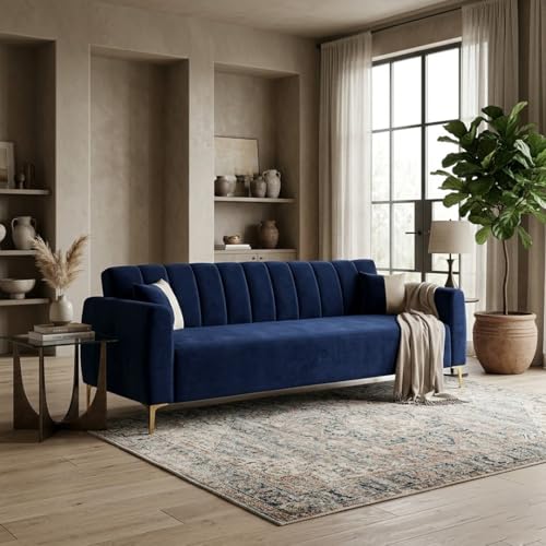 Image of Habibi Rich Velvet Suede 3 Seater Sofa Set | Spacious Soft Touch Comfort Seating | Modern Sofa for Living Room (Dark Blue)
