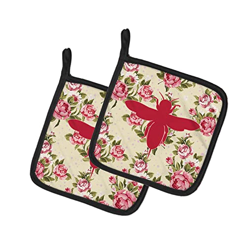 Caroline's Treasures BB1057-RS-YW-PTHD Bee Shabby Chic Yellow Roses Pair of Pot Holders, Yellow Kitchen Heat Resistant Pot Holders Sets Oven Hot Pads for Cooking Baking BBQ, 7 1/2 x 7 1/2