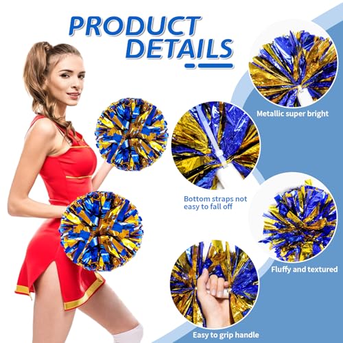 4Pcs Metallic Cheerleading Pom Poms, Creatiee 2 Pair Cheerleader Cheering Squad Pompoms for School Sports Dance Games Team Spirit Cheer (Blue-Gold)