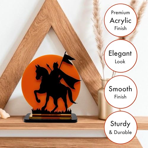 Image of Maharana Pratap Singh Acrylic Showpiece | Rajput Warrior Silhouette with Saffron Sun Background | Car, Home, Office & Gift Decoration, 4 Inch